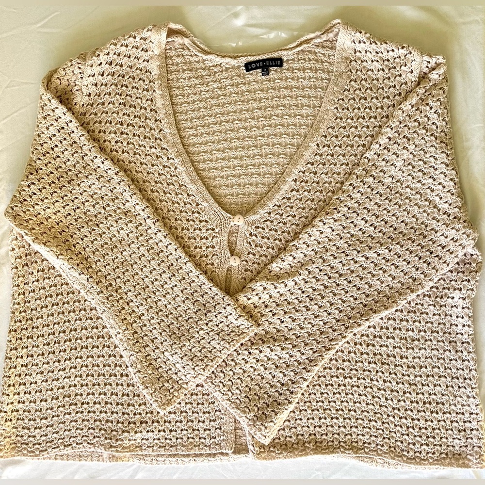 Love Ellie Lanora Crochet Cardigan 1X Cream Open Knit Button Front Sweater